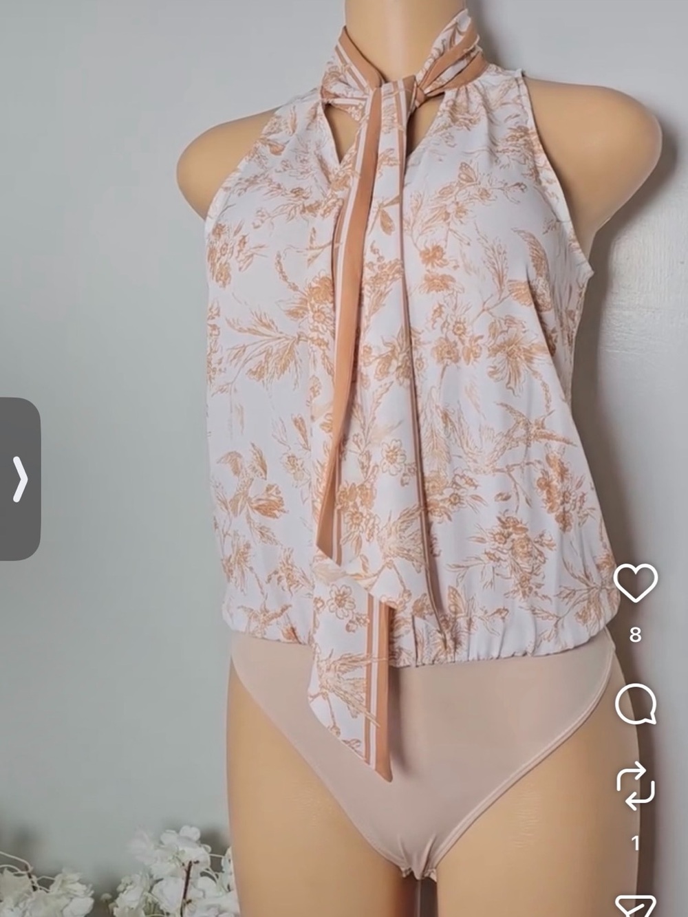 Express Floral Halter Tie-Neck Bodysuit in White and Peach